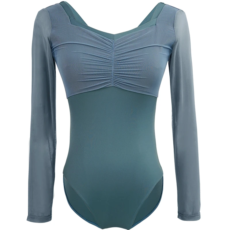 Ballet Leotards for Women Adult Gymnastics Yoga Ballerina Dance Bodysuits Patchwork Mesh Long Sleeve Square Collar Leotards