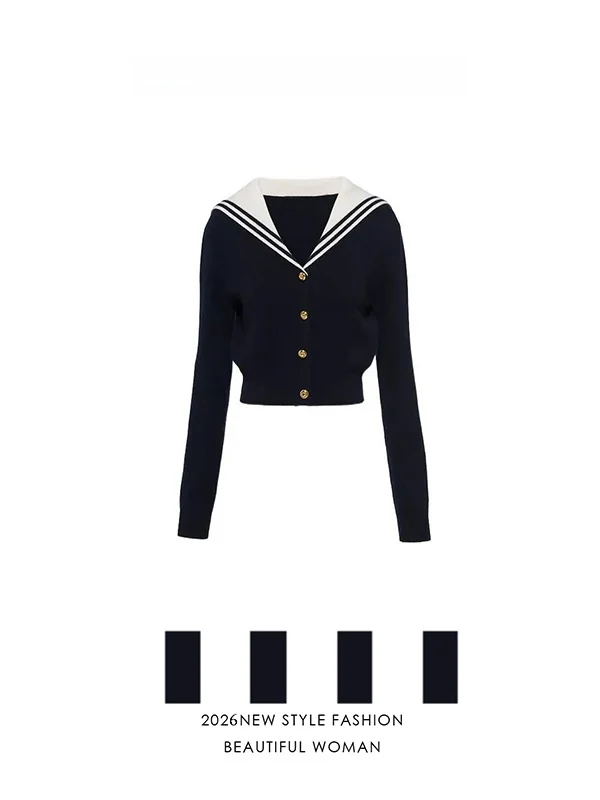 

Chen Duling Knitting Head Beautiful V-neck Slimming Waist Cardigan Long Sleeve Short Length Spring Fashion Commute Style