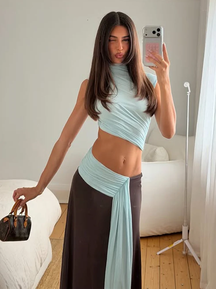 

2026 Women Fashion 2 Pieces Sexy Short Sleeves O-Neck (Bodysuis+Long Skirts) Mesh Color Blocking Tractsuits Female Suits Sets
