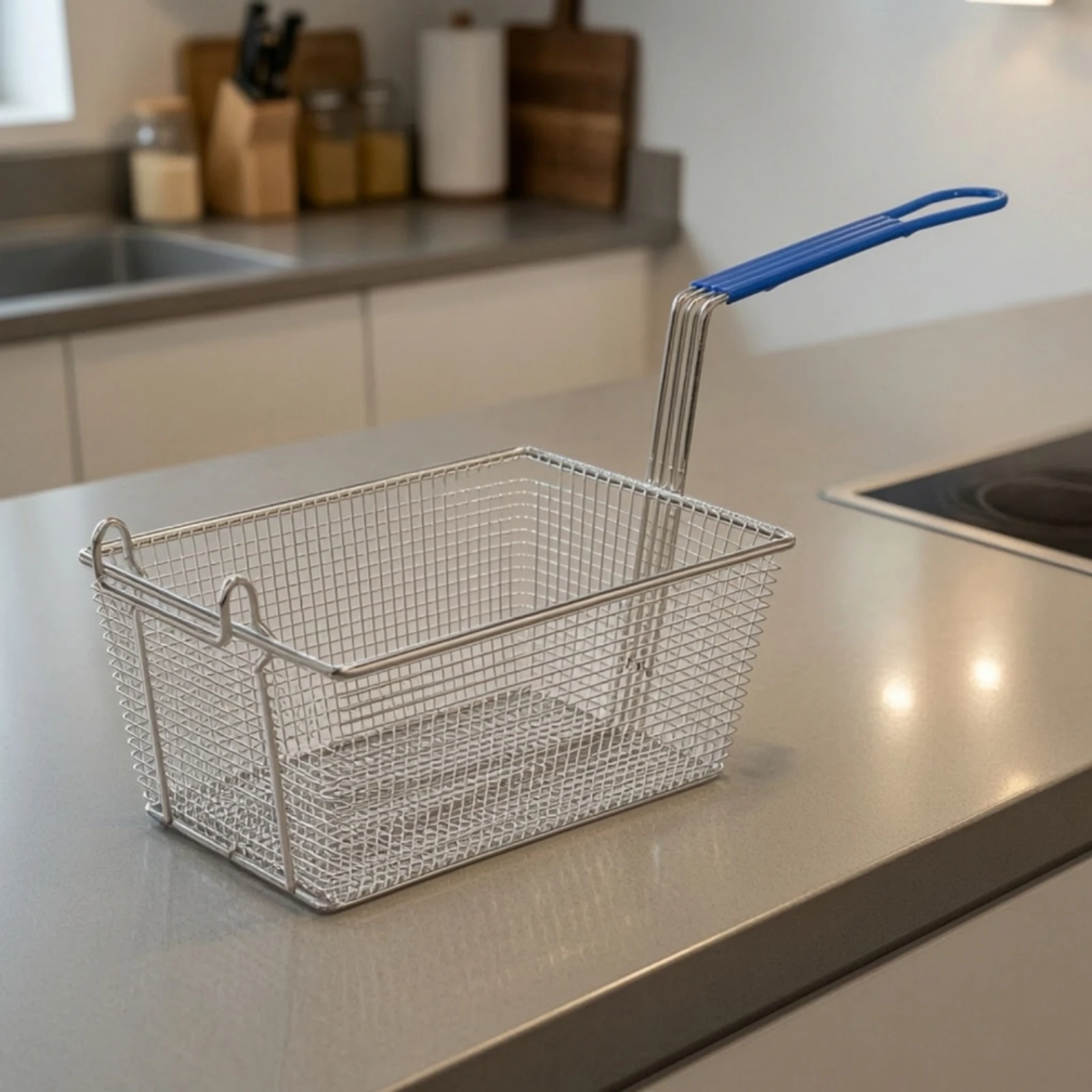 Fry Basket with Handle Rectangular Mesh Fry Basket Wire Mesh Strainer Long-Lasting Corrosion-Resistant for Chefs, Restaurants