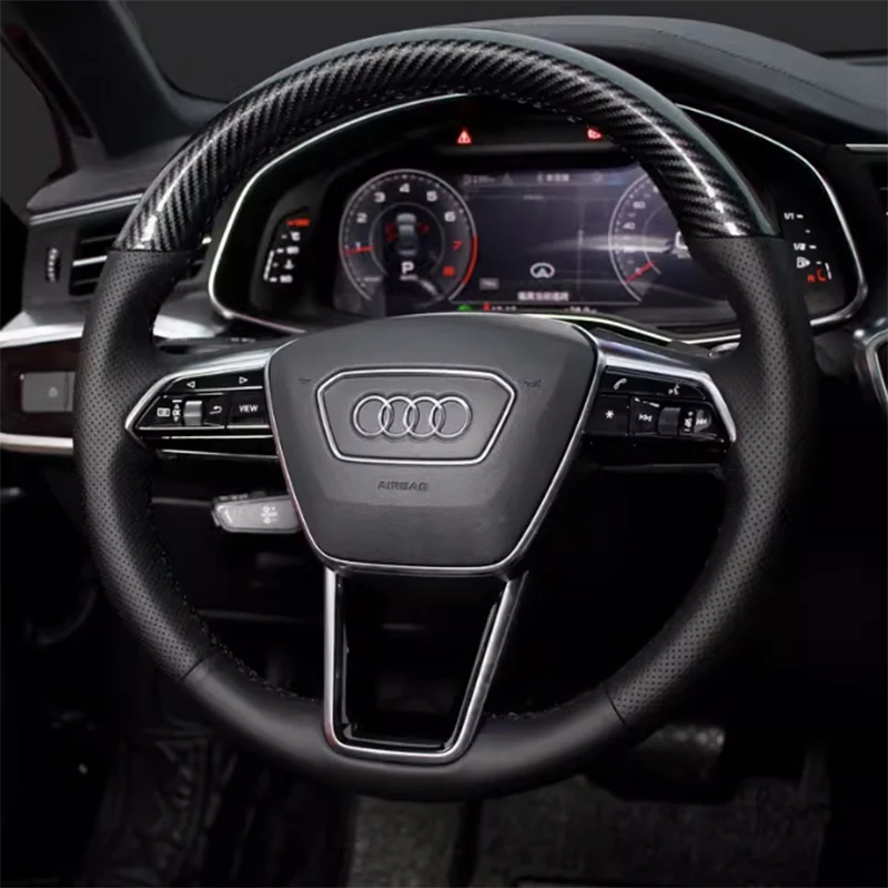 Tampa do volante personalizado para Audi, mão trança de costura, O-tipo, couro genuíno, acessórios do carro, Audi A3, A4, A5, A6, A7, Q3, Q5, Q7, Q8