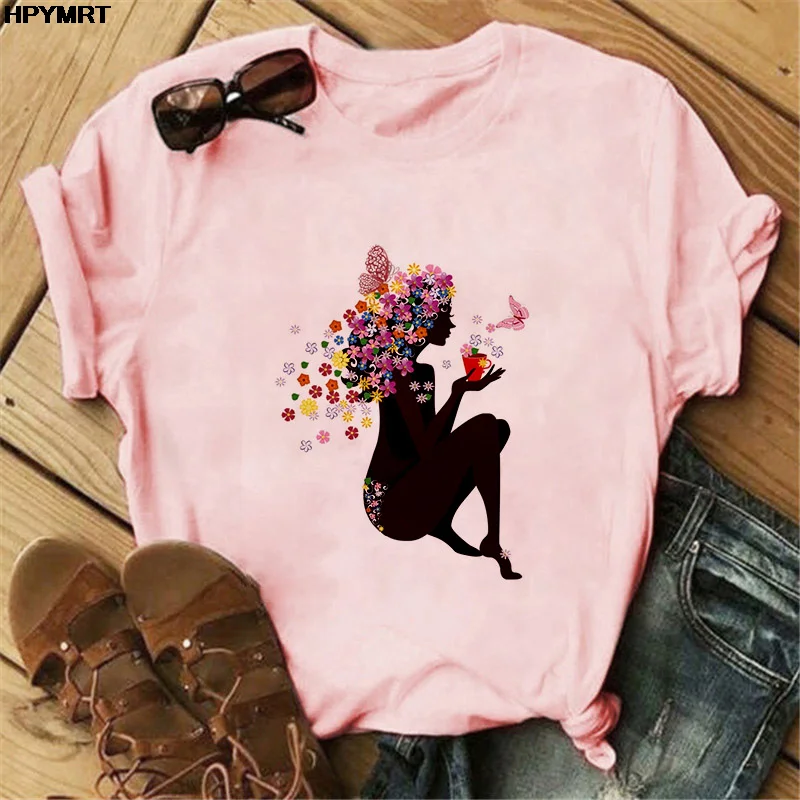 

Womens Street Fashion cartoon graphics flowers girl prints Spring Summer Casual short sleeve O-neck Tshirt soft comfortable Tops