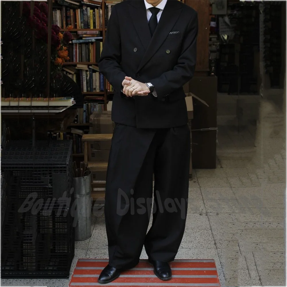 

Solid Black Men's Suit High Quality Business Office Peak Lapel Blazer Wide Pants Casual Party Fashion Clothes Set Streetwear