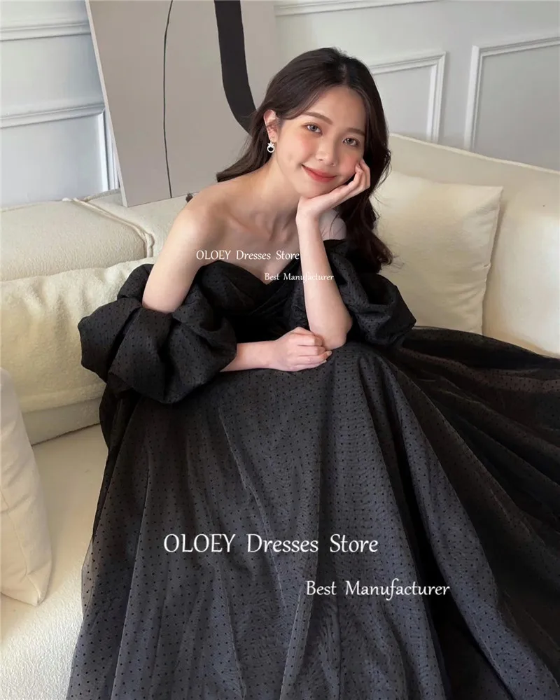 OLOEY Black Dotted Tulle Black Evening Dresses Korea Wedding Photoshoot Sweetheart Puff Short Sleeves Corset Back Party Gowns