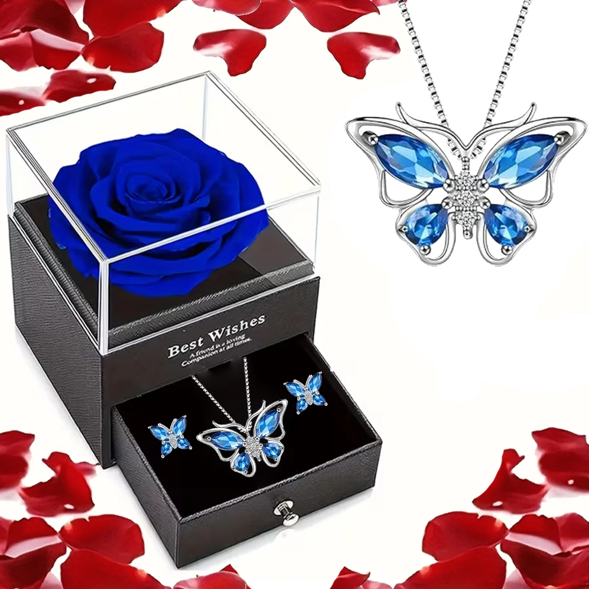 صندوق هدايا على شكل زهرة الورد الأحمر مع قلادة على شكل قلب من حجر الحظ، للأم والزوجة - عيد الأم، عيد الحب، عيد الميلاد