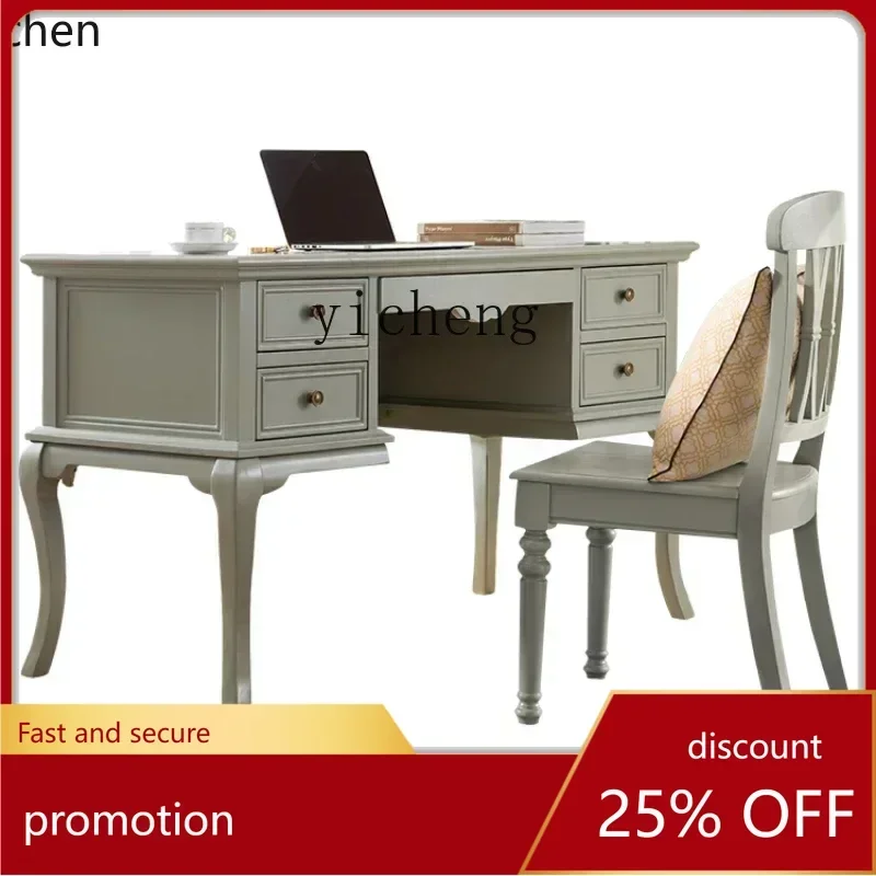 O15-  American country desk pastoral style writing desk old office table and chairs matching desktop work computer desk