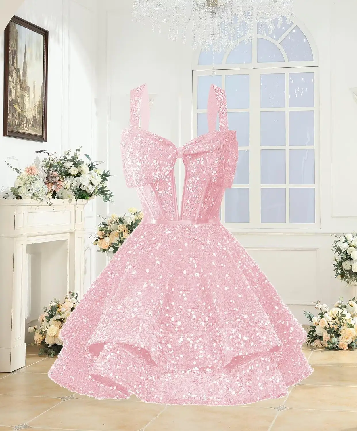 Sparkly Sequin Bow Homecoming Dresses for Teens Spaghetti Straps Mini Prom Cocktail Dress Graduation Dress Evening Dresses