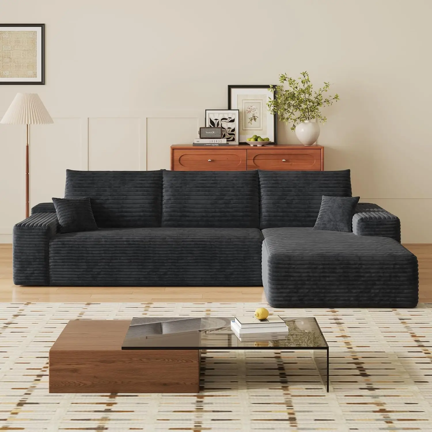 

Большой угловой диван-шезлонг 107 дюймов, минималистичный, модульный, не требующий сборки, для гостиной, с правым расположением, из плюшевого вельвета, черный, на заказ