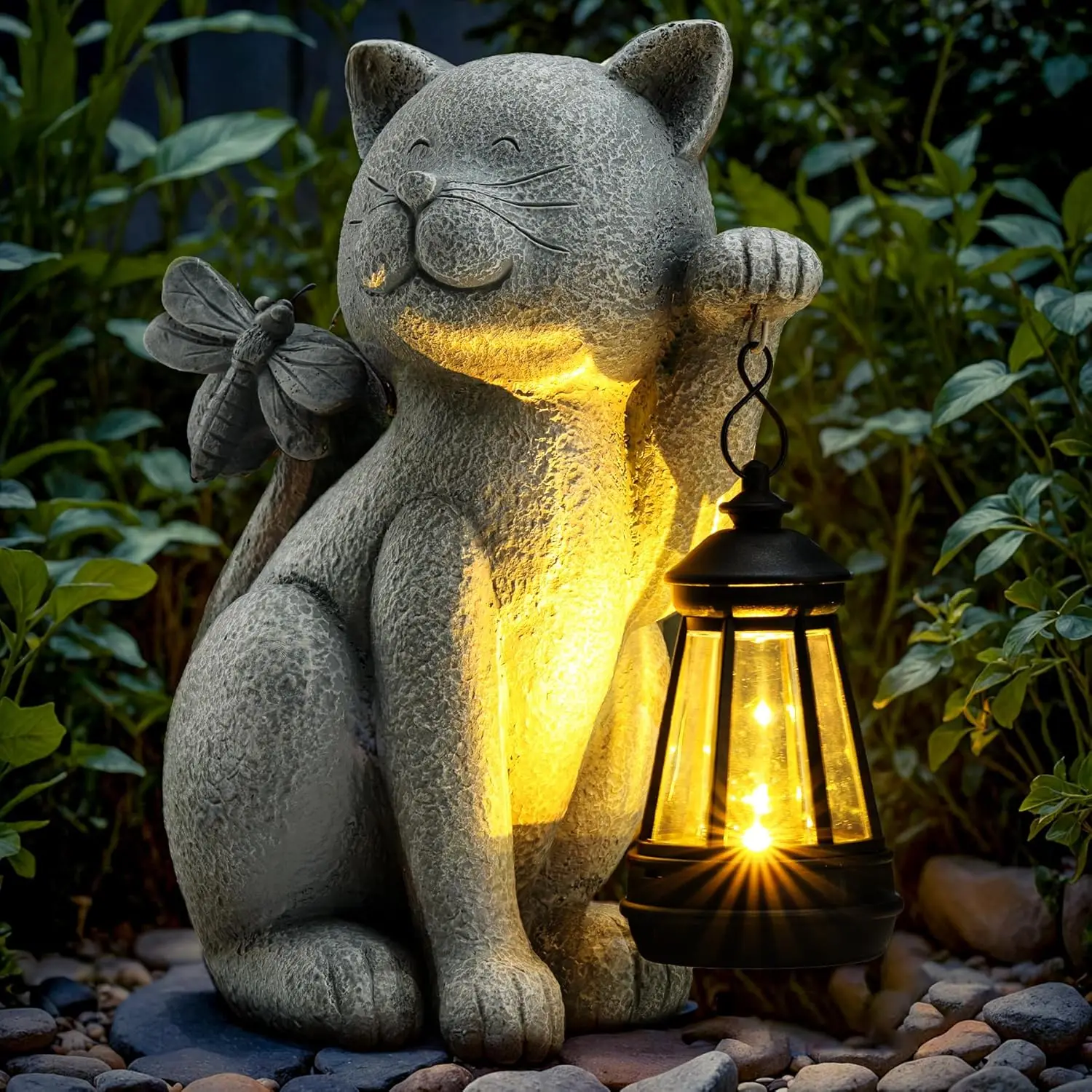 

Solar Garden Cat Statue with Lantern, Outdoor Patio Decor for Yard, Balcony, Unique Gift for Mom