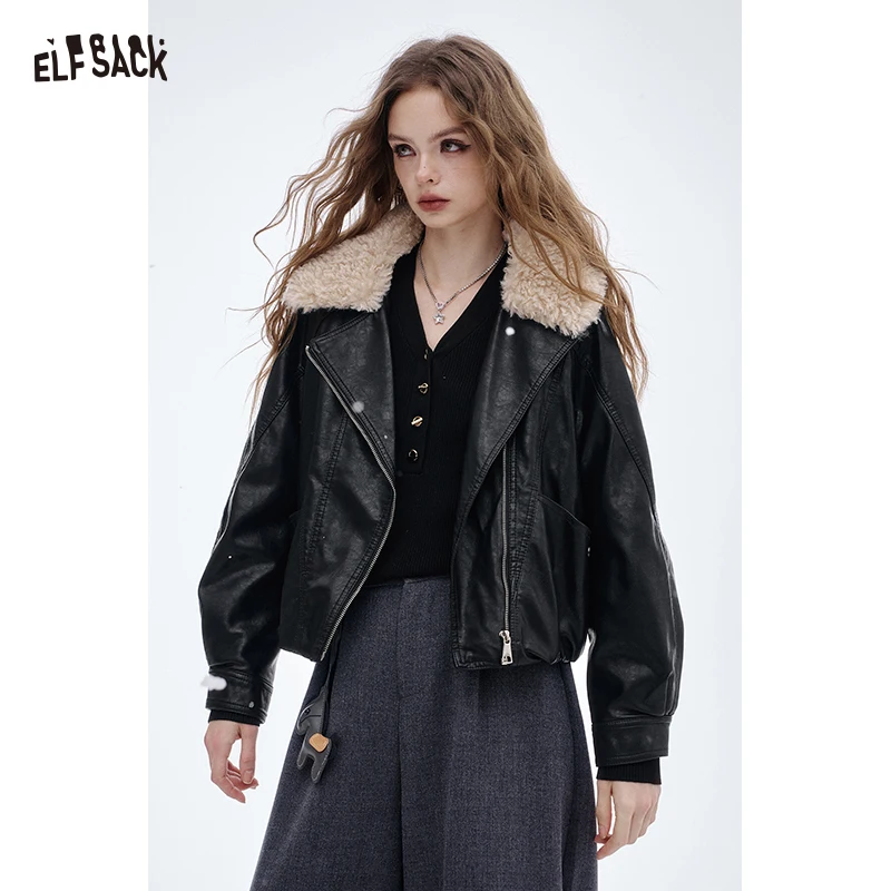 ELFSACK 2025 Winter New Arrivals Y2K Vintage Chic Layered Lapel Faux Leather Short Jacket For Women