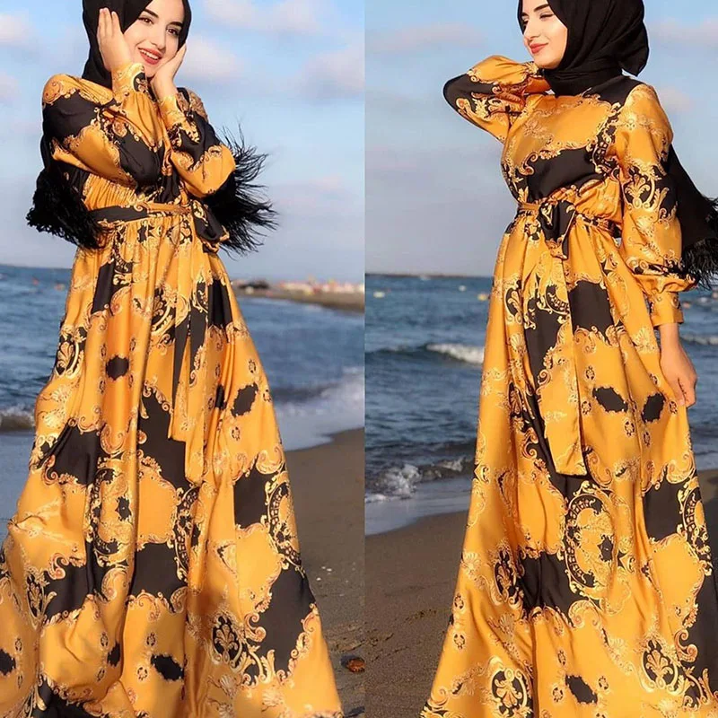 2022 Women Fashion Print Muslim Maxi Dress Luxury Ethnic Embroidery Party Dresses Slim Fit Classic Islam Moroccan Maxi Dress