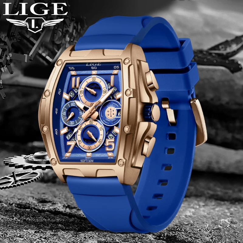 LIGE Big Men Watches Luxury Casual Sport Watch Top Brand Creative Chronograph Silicone Strap Date Luminous Waterproof Clock Gift