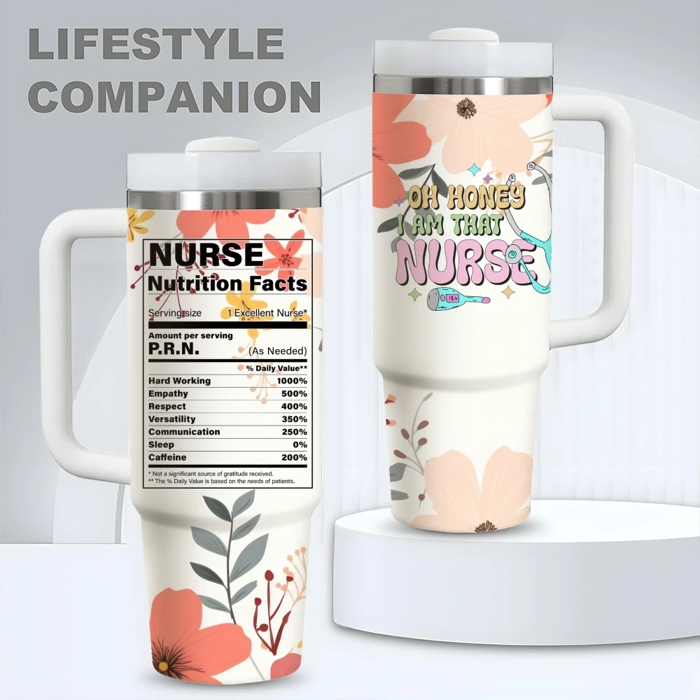 Nurse Nutrition Facts Flowers Vacuum Flasks 40oz Stainless Steel Vacuum Insulated Tumbler with Straw Leak Resistant Travel Mug