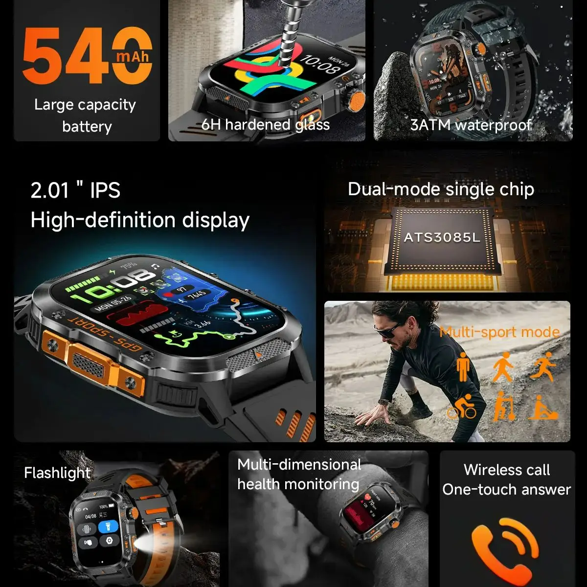 新しい軍事 3 プルーフ GPS スマートウォッチメンズスポーツコンパス防水 Bluetooth 通話心拍数測定スマートウォッチ
