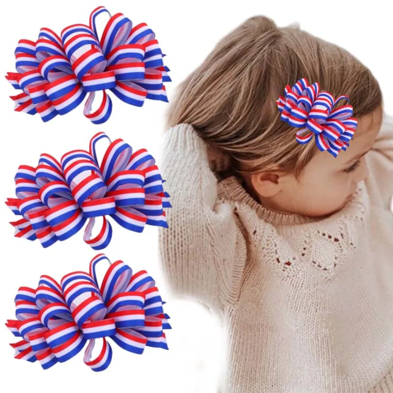 

ncmama 2Pcs Sweet Girls Handmade Hair Bow with Duckbill Clips Cute Ribbon Flower Hairpins Kids Headdress 4th of July Accessories