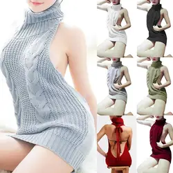 Sexy Backless Women Sweater Dress Turtleneck Sleeveless Pullover Knit Sweater Virgin Killer Dress Female Knit Jumper Streetwear