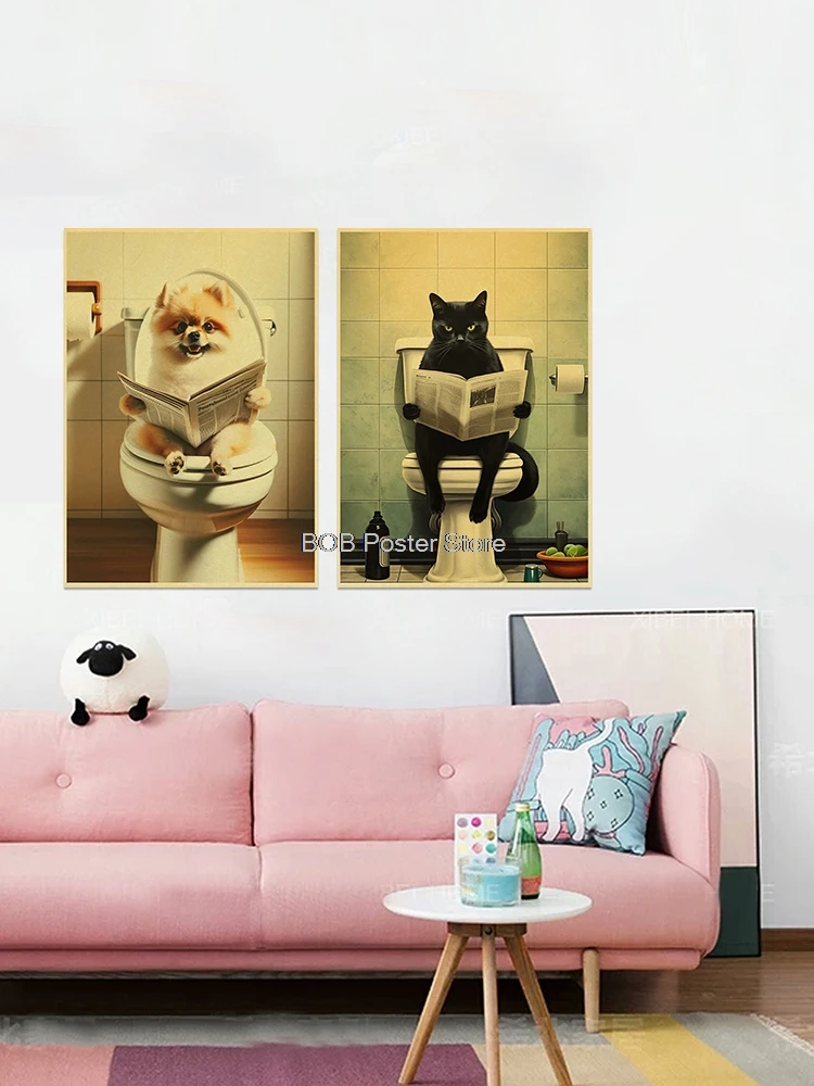 Dieren Badkamer Toilet Grappige Poster Kraft Papier Kat Kikker Kunst Home Decor Foto Diy Toilet Kamer Schilderij Muursticker Cadeau