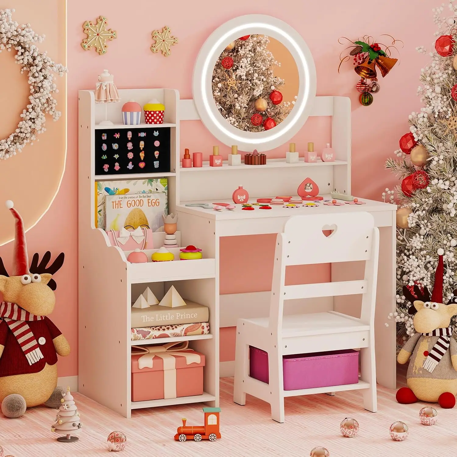 

Kids Vanity Set with Lighted Mirror Jewelry Storage Shelves Wooden Table & Chair Toddler Dressing Desk White, Customized