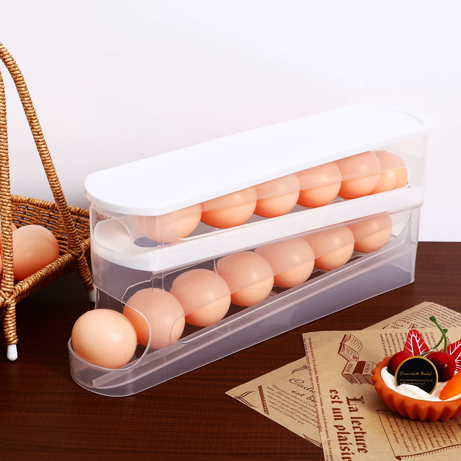 

Fridge Egg Container with Auto Rolling Mechanism Tiered Egg Storage Box Clear Design for Easy Visibility and Convenient Access