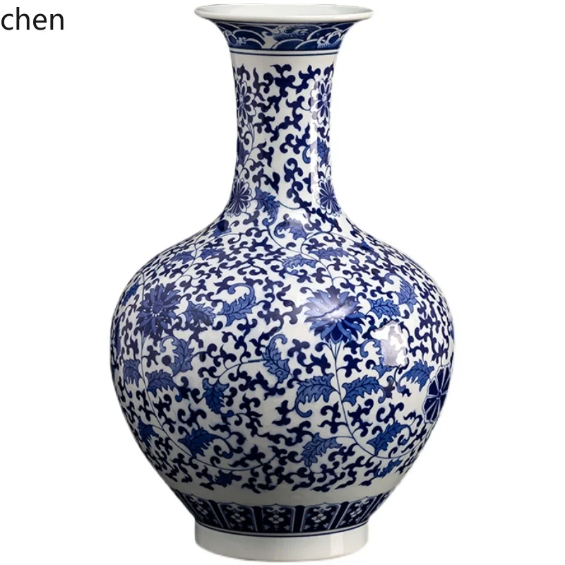 

HTT blue and white porcelain antique hand-painted vase ceramic living room TV cabinet decoration flower arrangement large