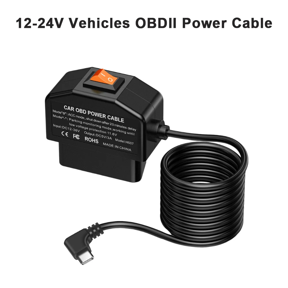 Car OBD To Type C Charger Power Cable 12-24V To 5V/3A For Dash Camera Car DVR 24h Parking Car Accessories Battery Protection