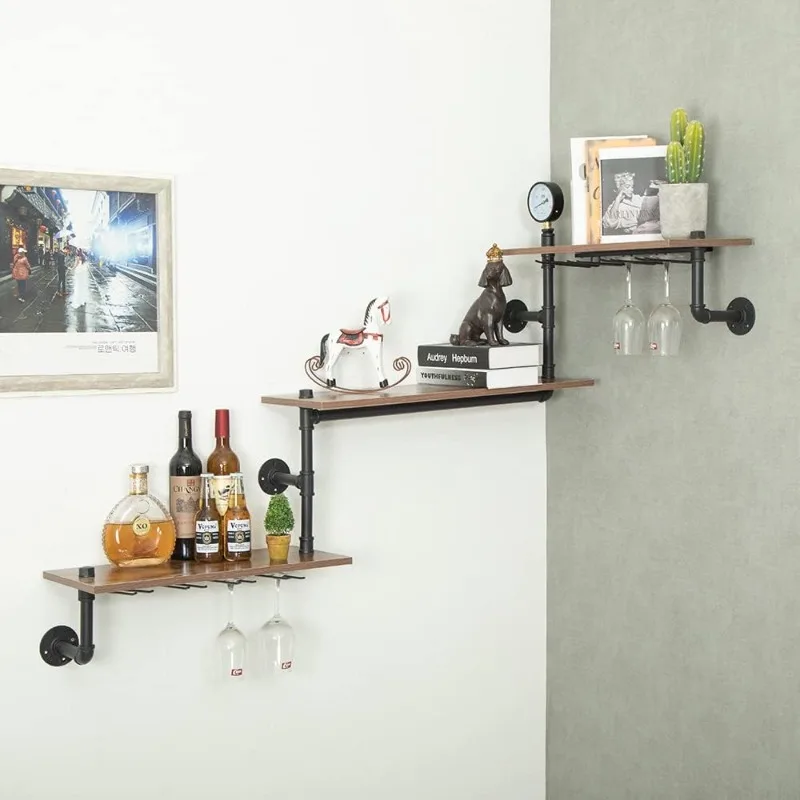 Wine Rack Wall Mounted Corner 3 Tier, Hanging Floating Small Mini Bar Liquor Shelves with Glass Holder Storage Under,