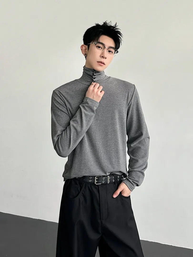 

ay High Collar Button up Slim Fit Men's Knitwear Casual Sle Long Sve Cotton irt Inner Wear Autumn Winter