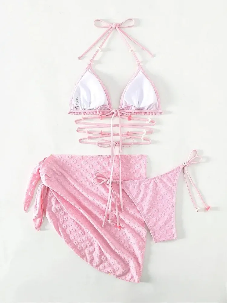 2024 New 3 Pieces Set Swimsuit Women Thong Swimwear Sexy Bikini Set With Sarong Mesh Skirt Beachwear Bathing Suit Pink Cover Ups