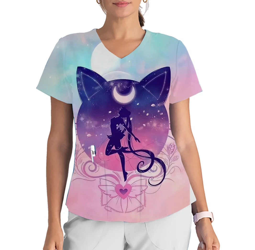 Sailor Moon V-Neck Print Scrub Top kreskówkowy wiosenny i letni strój do pracy szpitalnej okulistyki z krótkim rękawem