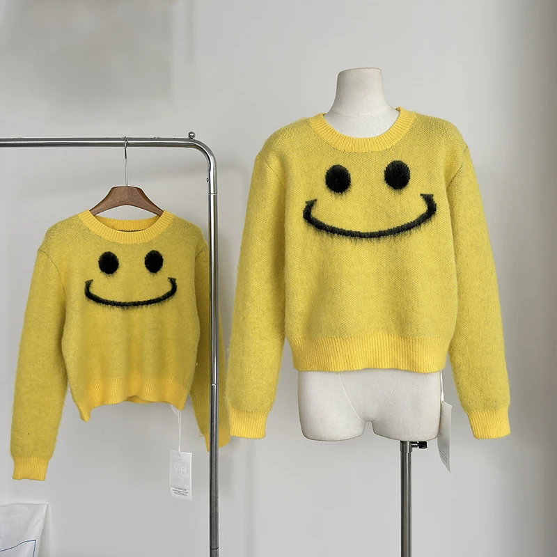 LUZHEN 2024 Winter Round Neck Smiling Face Printed Pullover Tops Women's High Quality Original Loose Long Sleeve Sweater AA2182