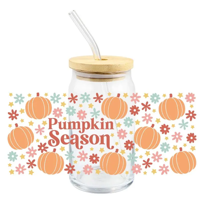 Fall Pumpkin UV DTF Wrap Transfer Stickers Cartoon Fashion Trend Design Waterproof Wrap For Glasses Cups Mugs DIY Decal