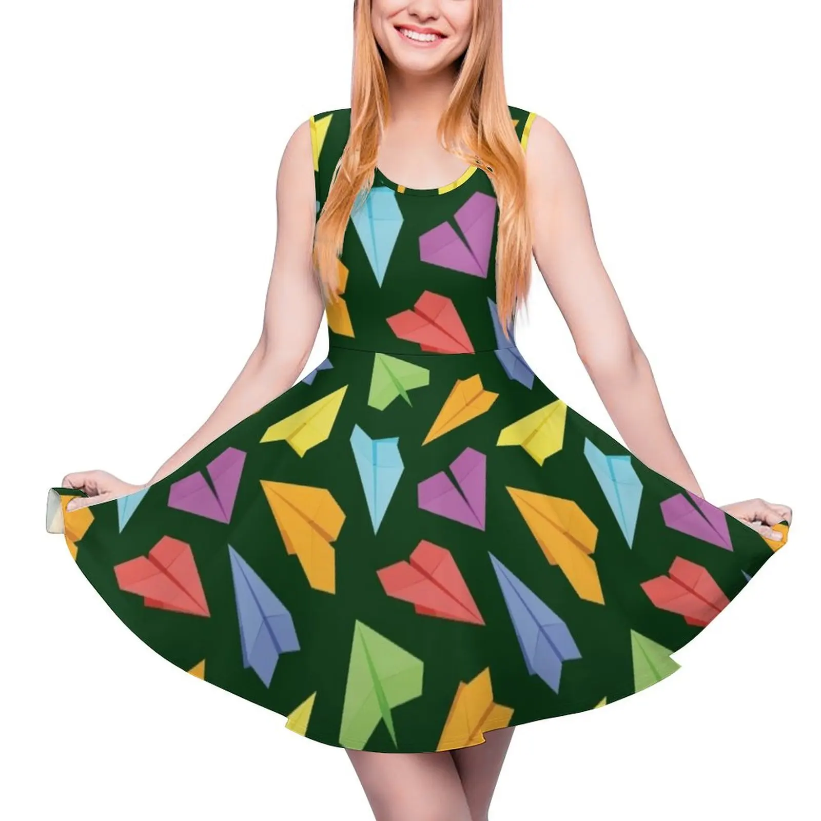 

Colorful Paper Airplanes - Dark Green Background Sleeveless Dress elegant dress loose summer dress Elegant gowns