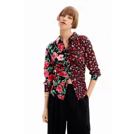 

Foreign trade original order from Spain, fashionable new product shirt, women's asymmetrical floral print patchwork shirt