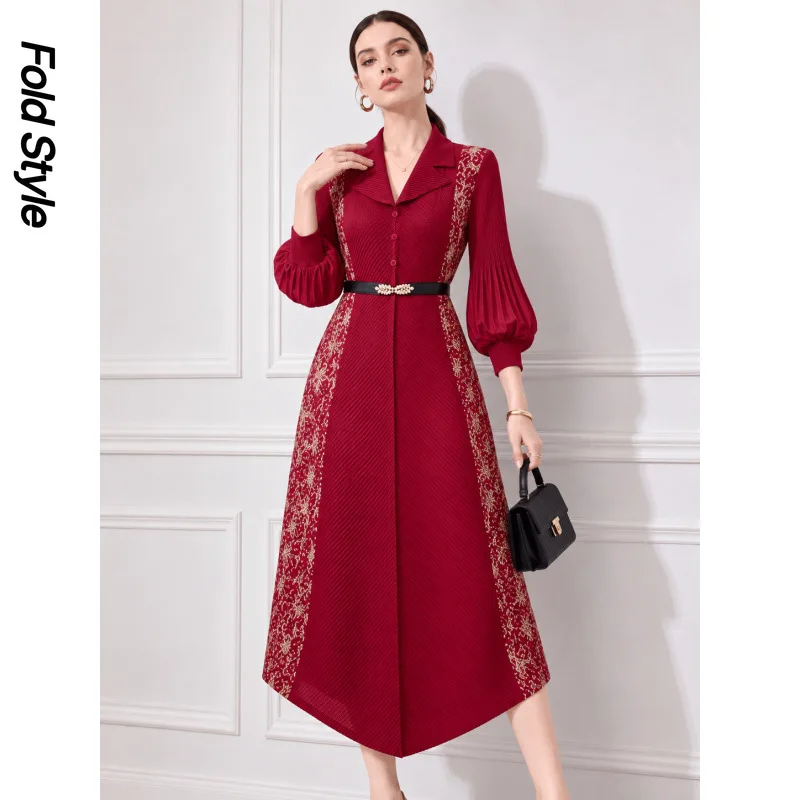 Miyake Pleated Suit Collar Dress Women's Clothing Waist Belt Lantern Sleeve Temperament Dress 2026 New