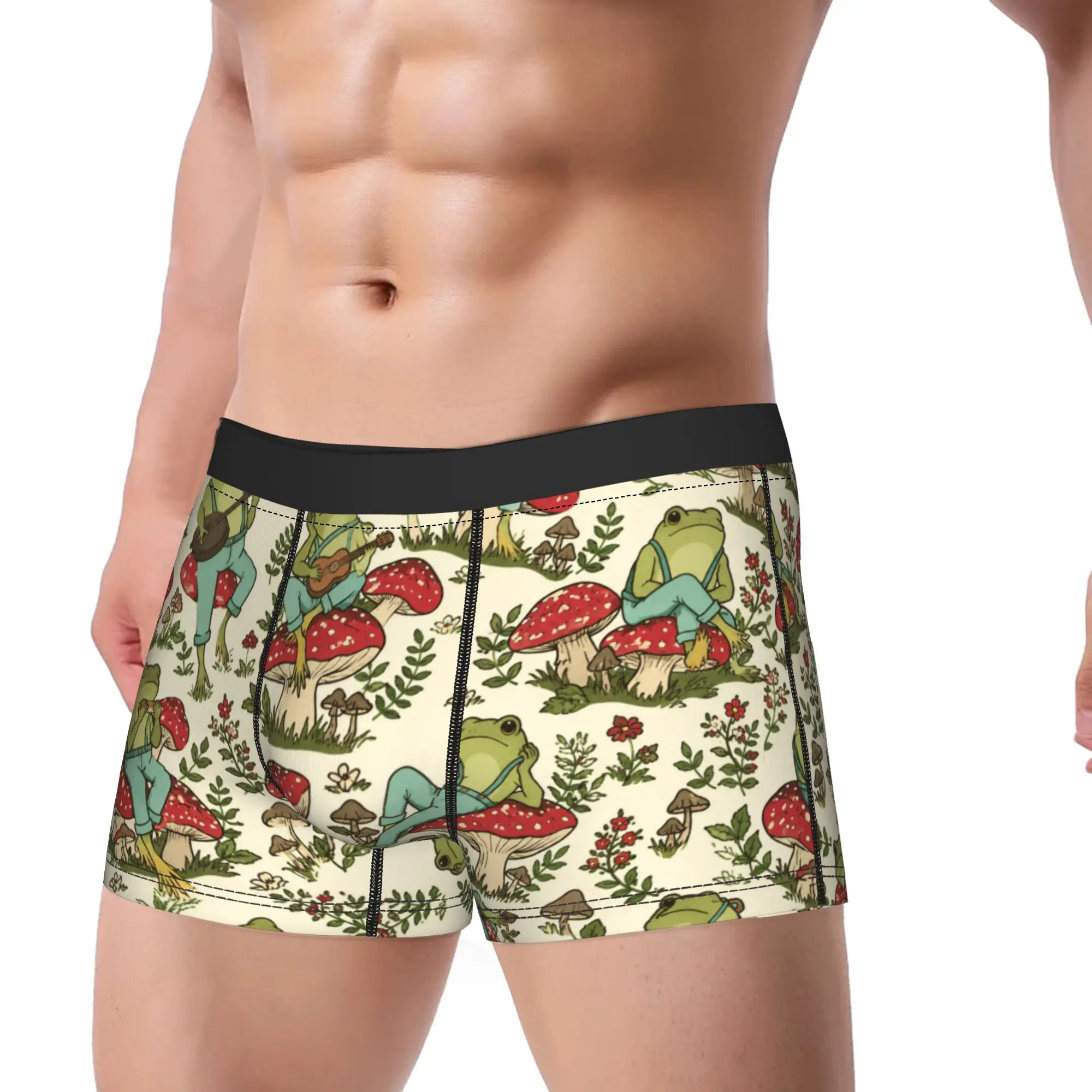 Cute Cottagecore  Frog Playing Banjo on Mushroom Underwear  Men Boxer Brief Novelty Boxershorts High Quality Large Size Panties