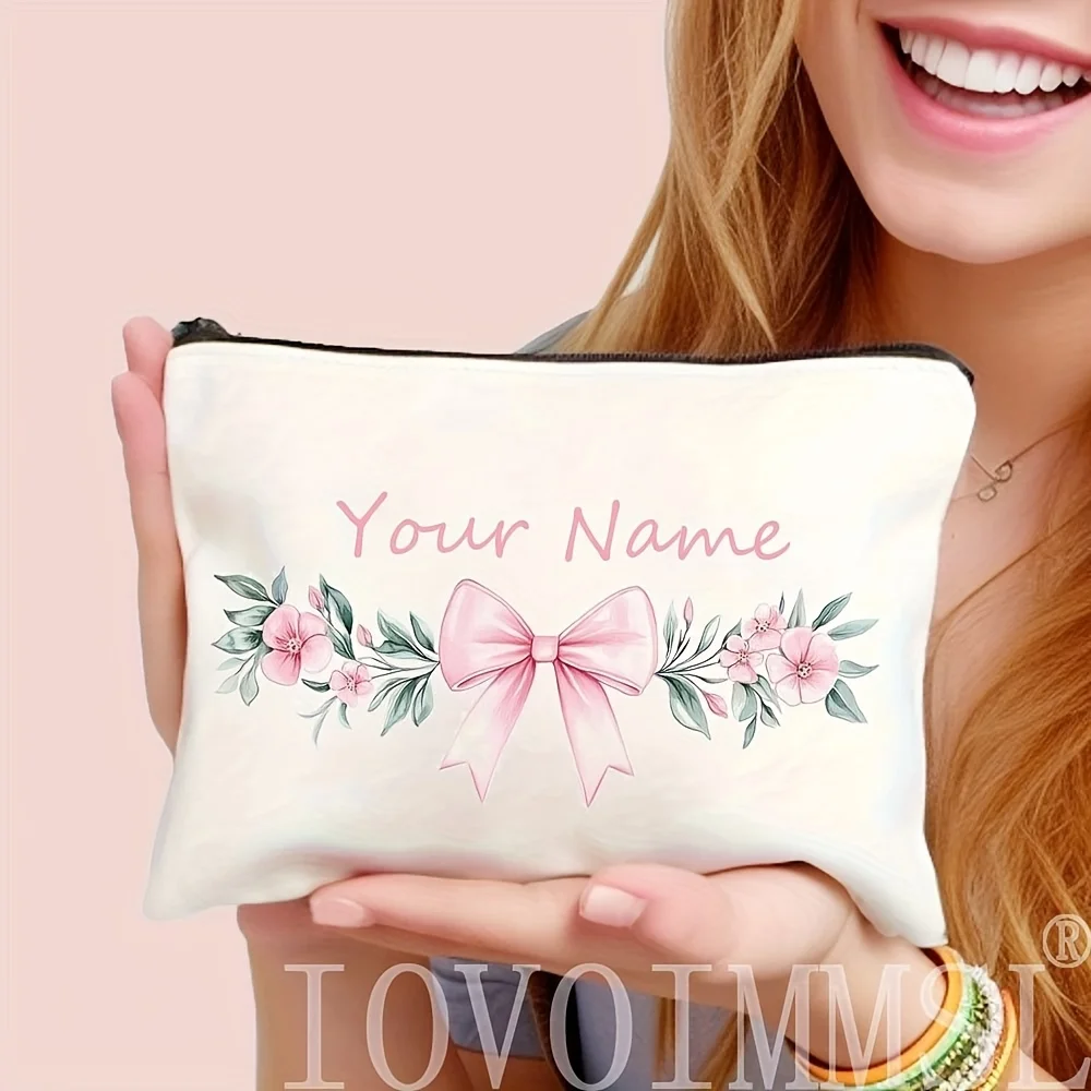 Wedding Theme Custom Makeup Bag with Pink Bow Flower Pattern Inspirational Print White Zipper Cosmetic Bag Portable Fashion