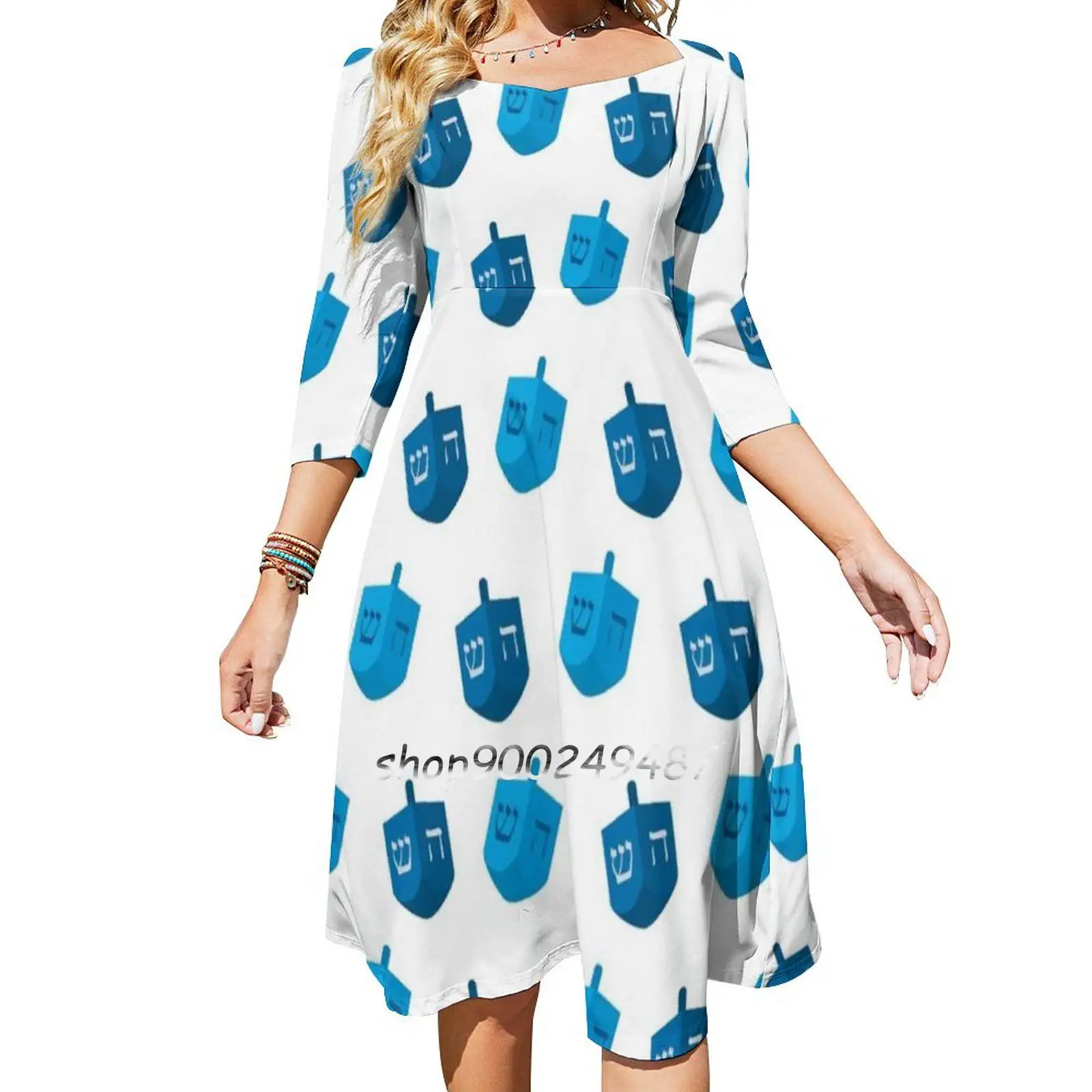 Dreidels-Hanukkah Square Neck Dress Cute Loose Print Dresses Elegant Beach Party Dress Hanukkah Dreidel Jewish Holiday