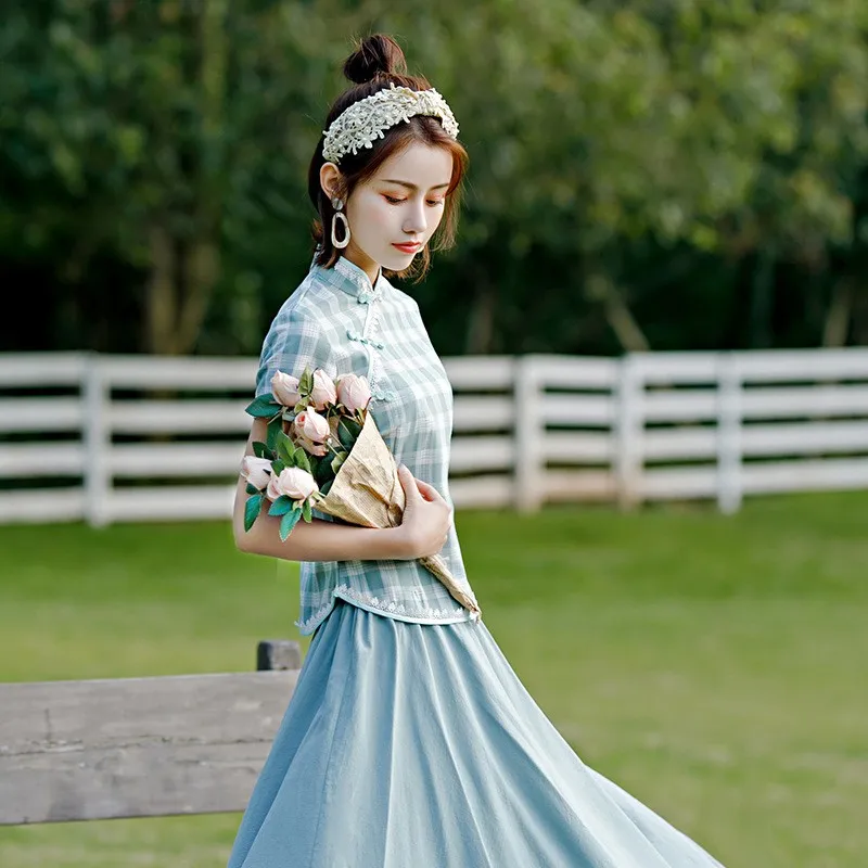 Faionable Retro Cotton  Set Girl's Improved Hanfu Dr Two-Piece Suit Summer 2025 New Arrival Ladies' Clothing