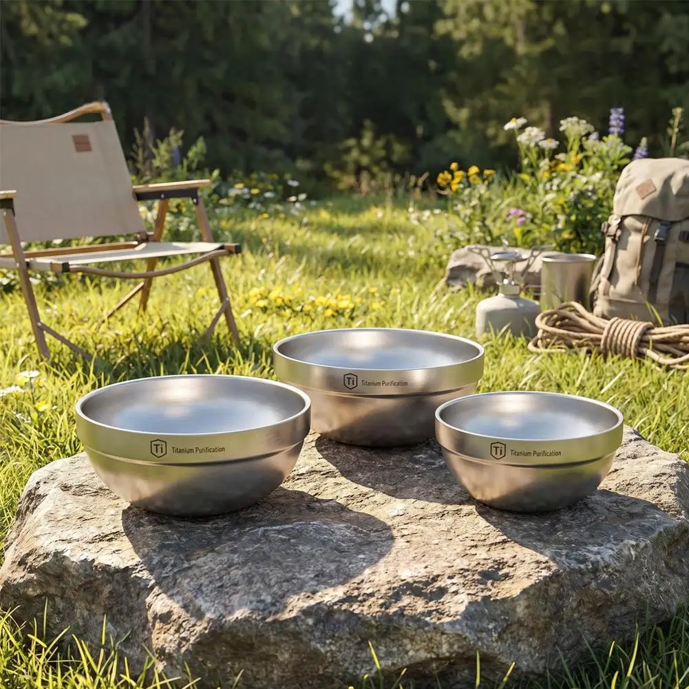 Reine Titan-Camping-Schüssel, leichte, doppelwandige, hitzebeständige Suppenschüssel, stapelbares Reisegeschirr, Outdoor-Ausrüstung für Picknicks. – Detail 12