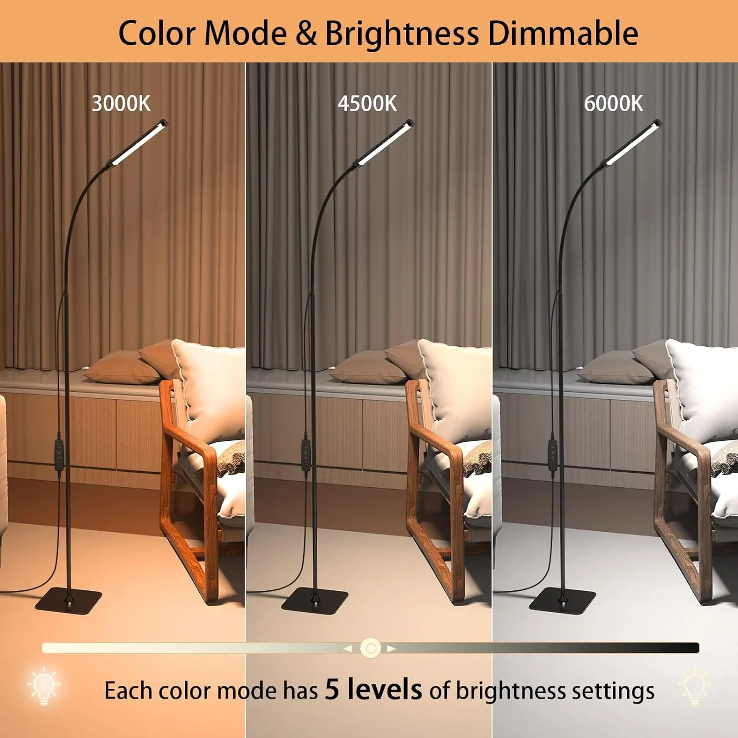 LED Floor Lamp Dimmable 3 Color 5 Levels with Remote Control Timer Adjustable Standing Gooseneck Light for Living Room Reading