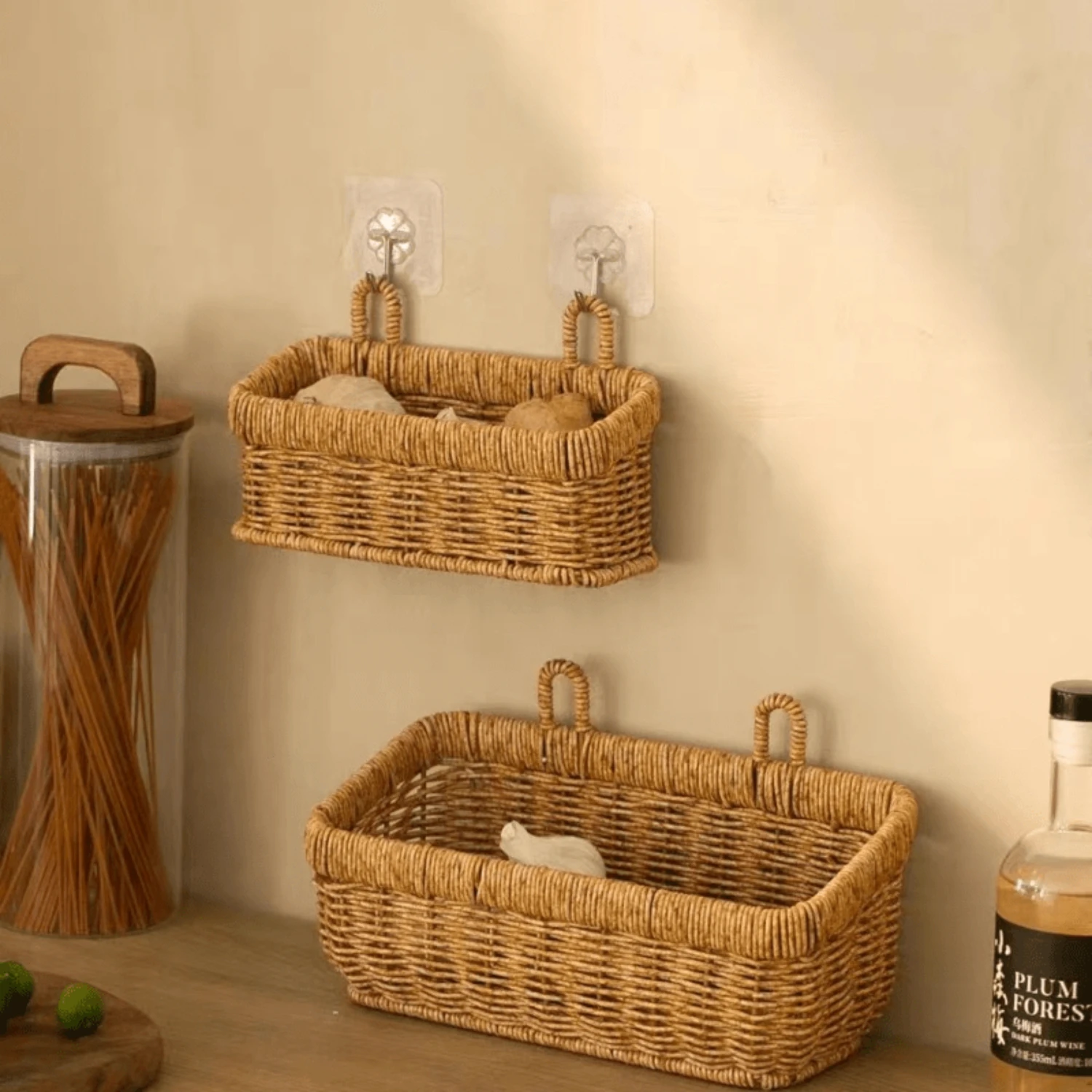 

"Double Ear Wall Basket for Kitchen and Bathroom - Hanging Imitation Rattan Baskets for Organizing Fruit, Veggies, and Kitchen S