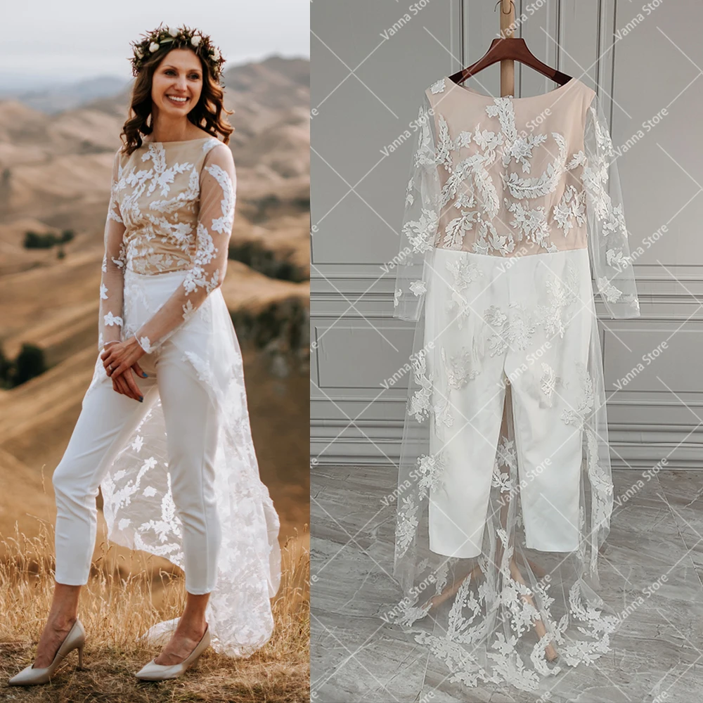 Long Sleeves Bateau Neck Embroidery Lace  Bridal Jumpsuit Customized Rustic Ankle Length Pantsuit Boho Second Wedding Gowns