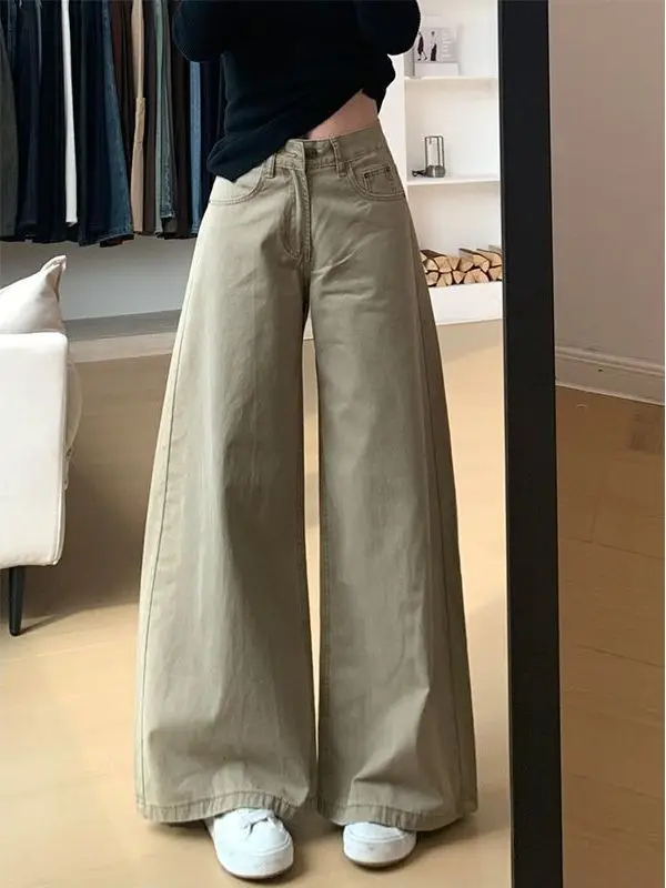 

High Waist Wide Leg Denim Jeans Women's Loose Casual Khaki Color Straight Floor-Length Pants Vintage American Style