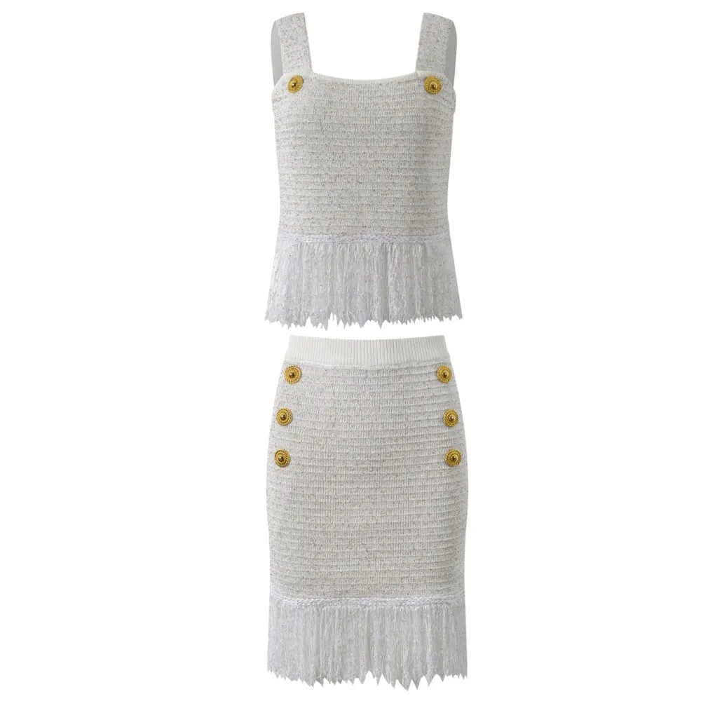 Ladies Knitted Tank Top+High Waist Skirt 2024 Autumn/Winter New Style Coarse tweed tassel Fashion Two Piece Set