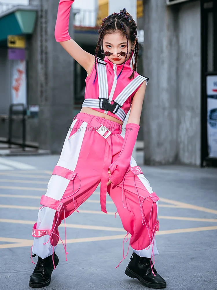 

K-pop Stage Outfit for Girl Urban Dance Children Clothes 4 Pcs White and Pink Costume Jazz Hip-hop Street Dance Show Wear