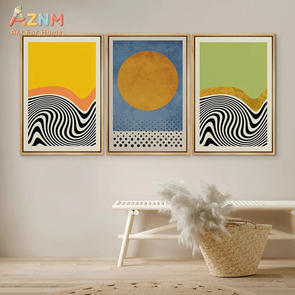 AZNM 3Pcs Boho Abstract Sun Wave Canvas Wall Art, Geometric Dots Line Print Frameless Canvas Painting, Modern Minimalist Home De