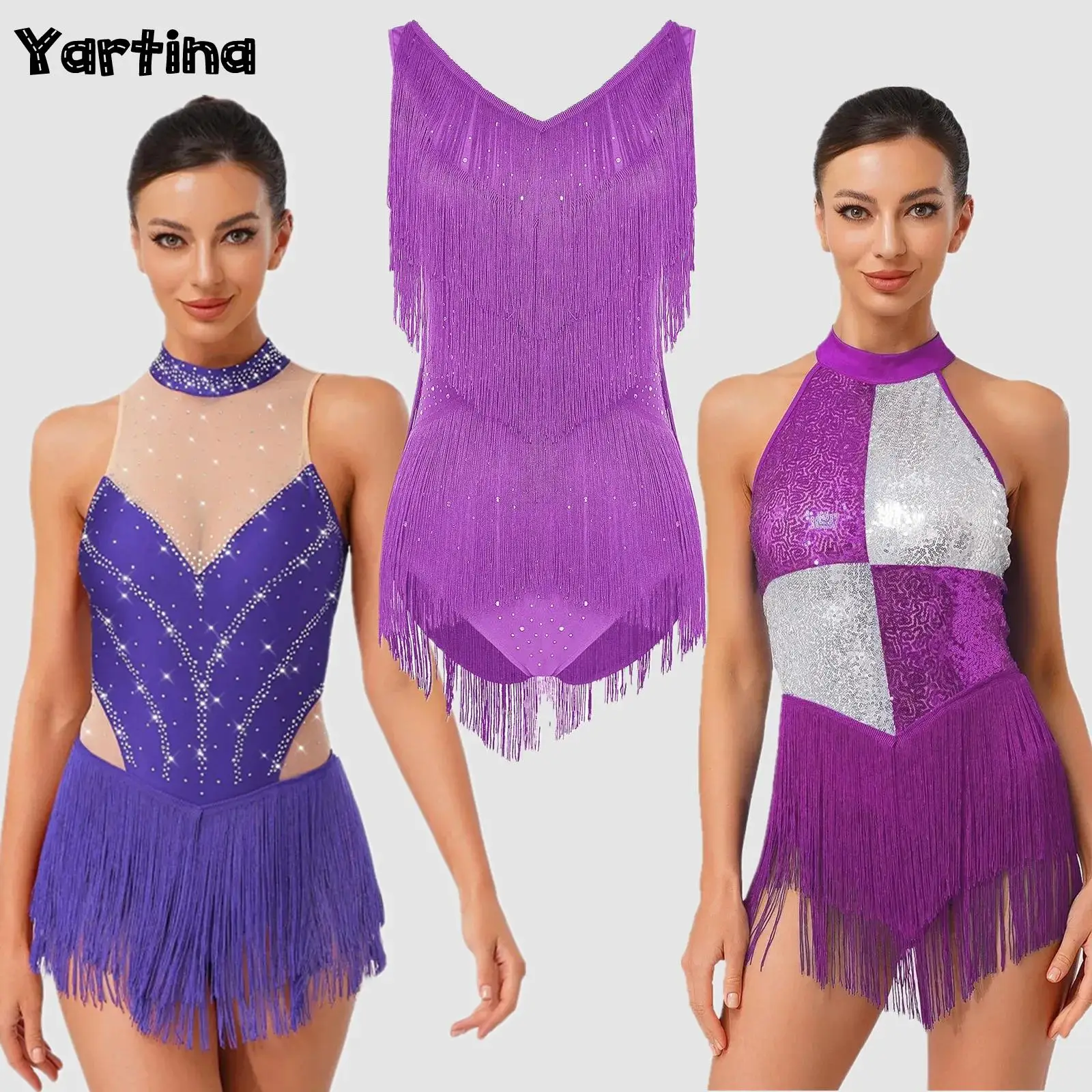 

Womens Gymnastics Latin Figure Skating Ballet Leotard Costume Tassel Fringe Waist Glittery Bodysuit Tango Chacha Dancewear