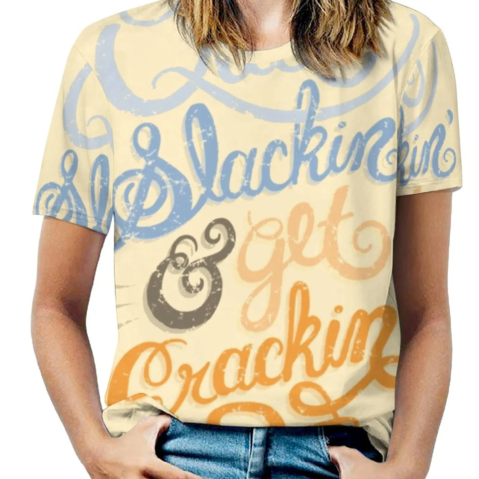 Quit Slackin' & Get Crackin' Woman'S T-Shirt Spring And Summer Printed T Shirts Crew Neck Pullover Top Typography Quit Slackin