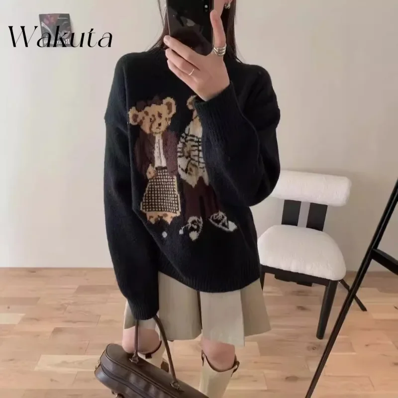 WAKUTA Japanese retro cartoon bear jacquard round neck knit sweater female fall new loose thin ageing soft sweater tops