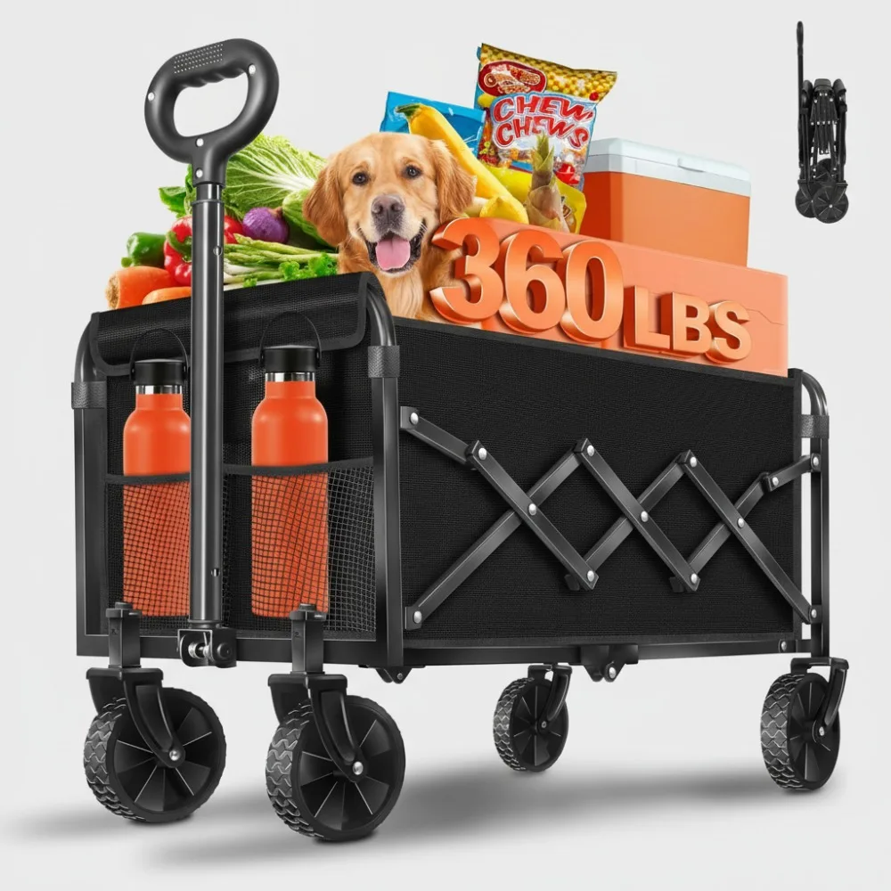 

Foldable Wagon Cart with Wheels, Lightweight Portable All Terrain Beach Camp Garden Cart, 360 LBS Capacity